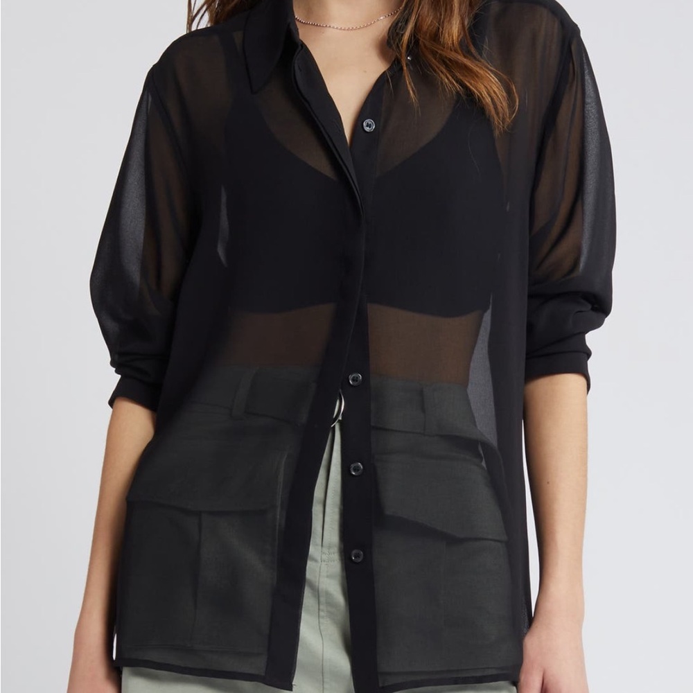Open Edit Semisheer Women's Black Button-Up Top